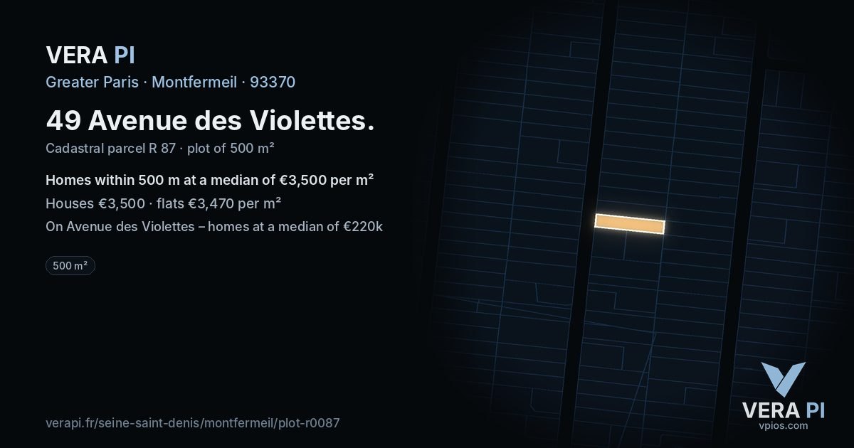 49 Avenue des Violettes, Montfermeil at night – the plot lit, the parcels around coloured by the prices near them