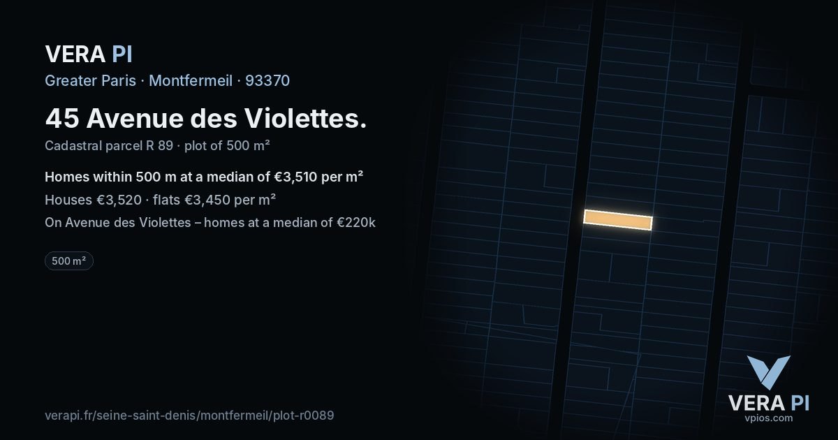 45 Avenue des Violettes, Montfermeil at night – the plot lit, the parcels around coloured by the prices near them