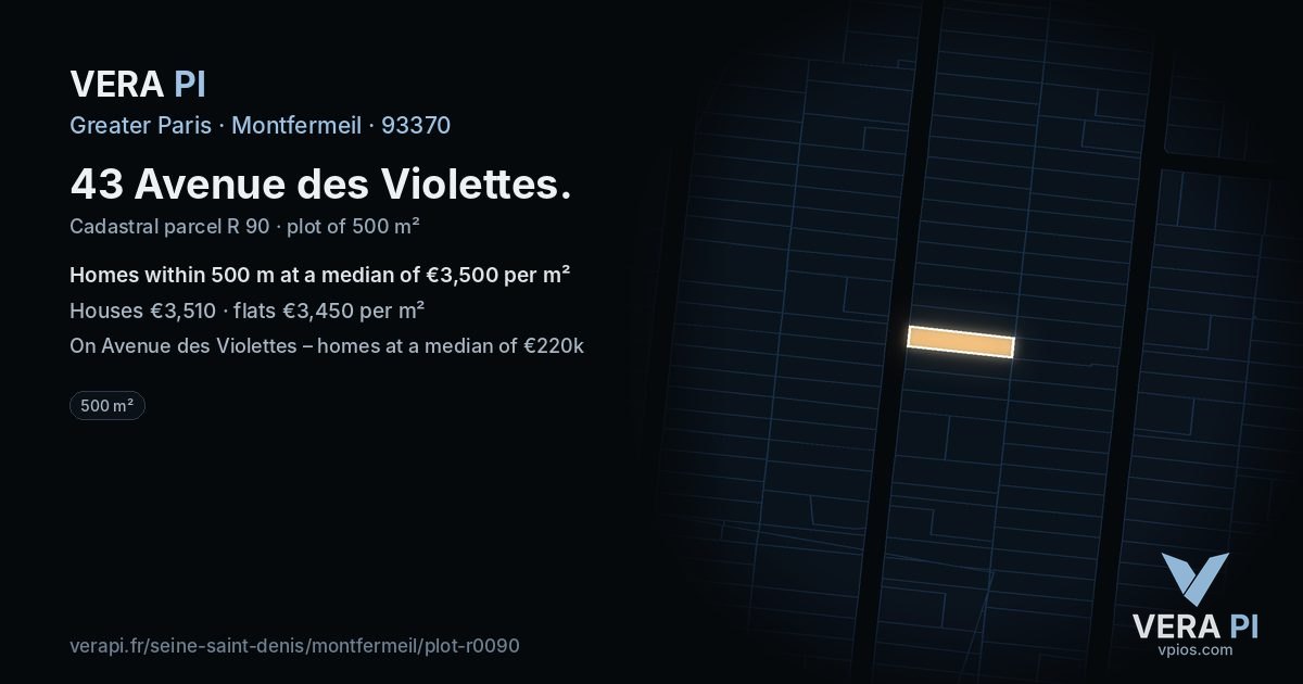 43 Avenue des Violettes, Montfermeil at night – the plot lit, the parcels around coloured by the prices near them
