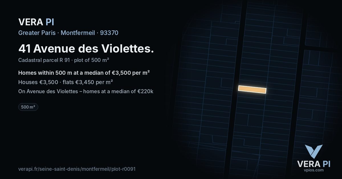 41 Avenue des Violettes, Montfermeil at night – the plot lit, the parcels around coloured by the prices near them