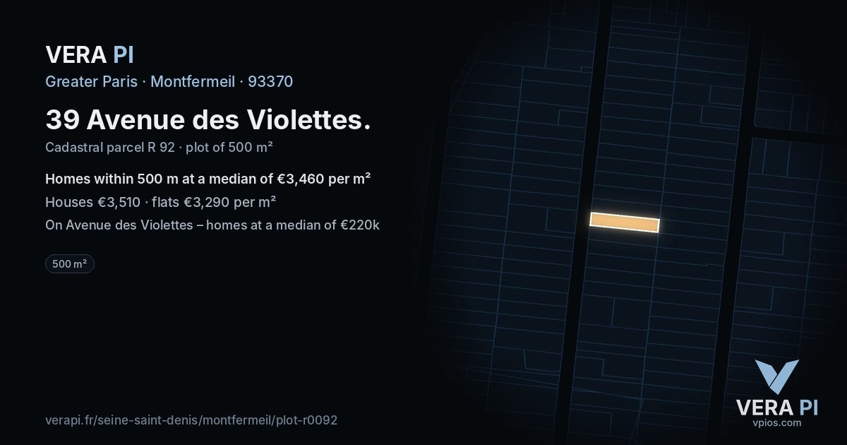 39 Avenue des Violettes, Montfermeil at night – the plot lit, the parcels around coloured by the prices near them