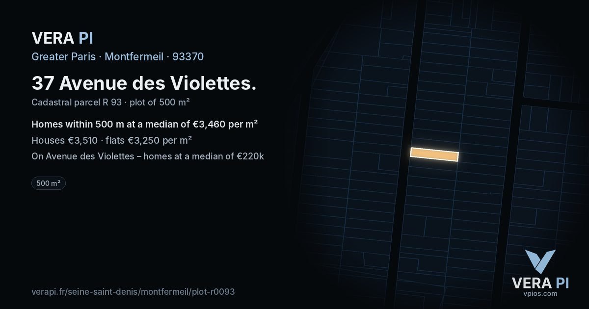 37 Avenue des Violettes, Montfermeil at night – the plot lit, the parcels around coloured by the prices near them