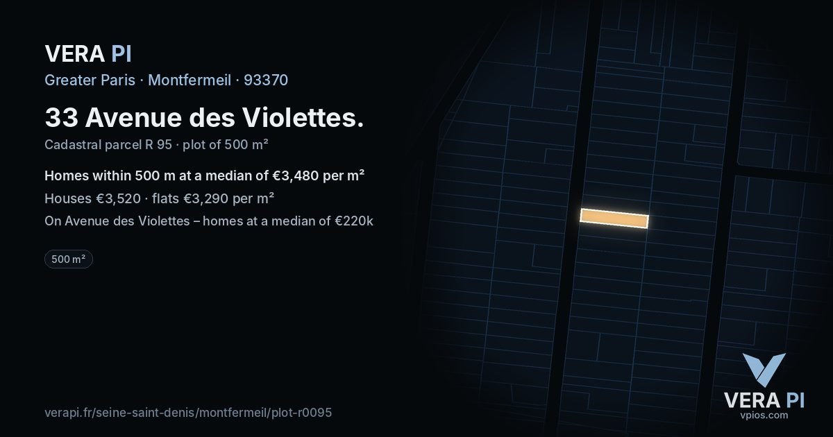 33 Avenue des Violettes, Montfermeil at night – the plot lit, the parcels around coloured by the prices near them