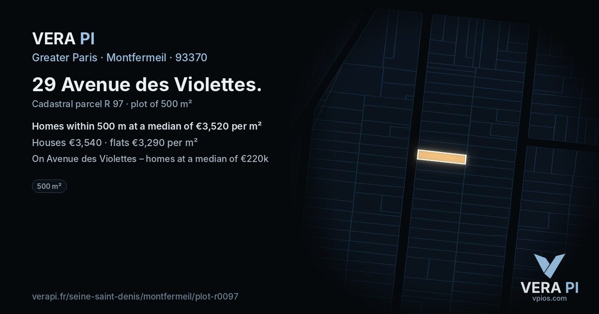 29 Avenue des Violettes, Montfermeil at night – the plot lit, the parcels around coloured by the prices near them