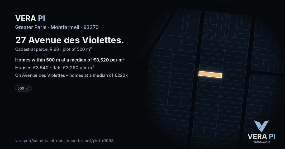 27 Avenue des Violettes, Montfermeil at night – the plot lit, the parcels around coloured by the prices near them