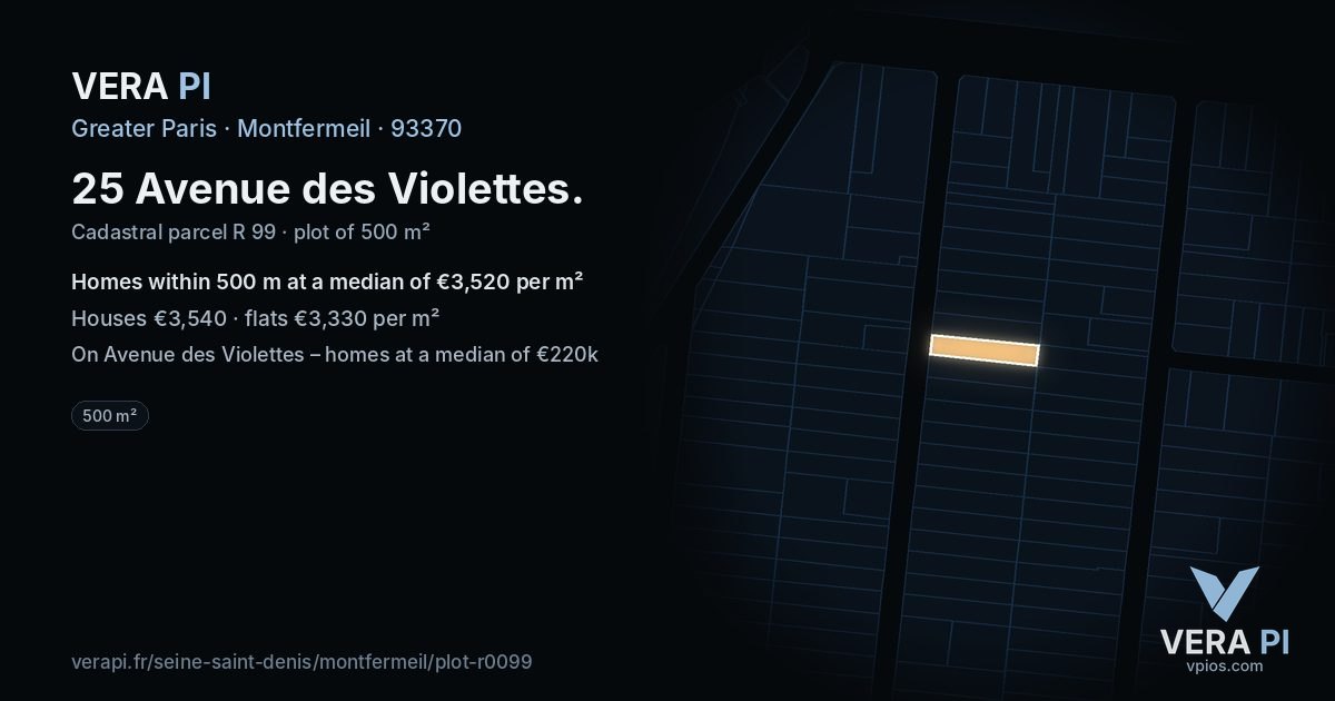 25 Avenue des Violettes, Montfermeil at night – the plot lit, the parcels around coloured by the prices near them