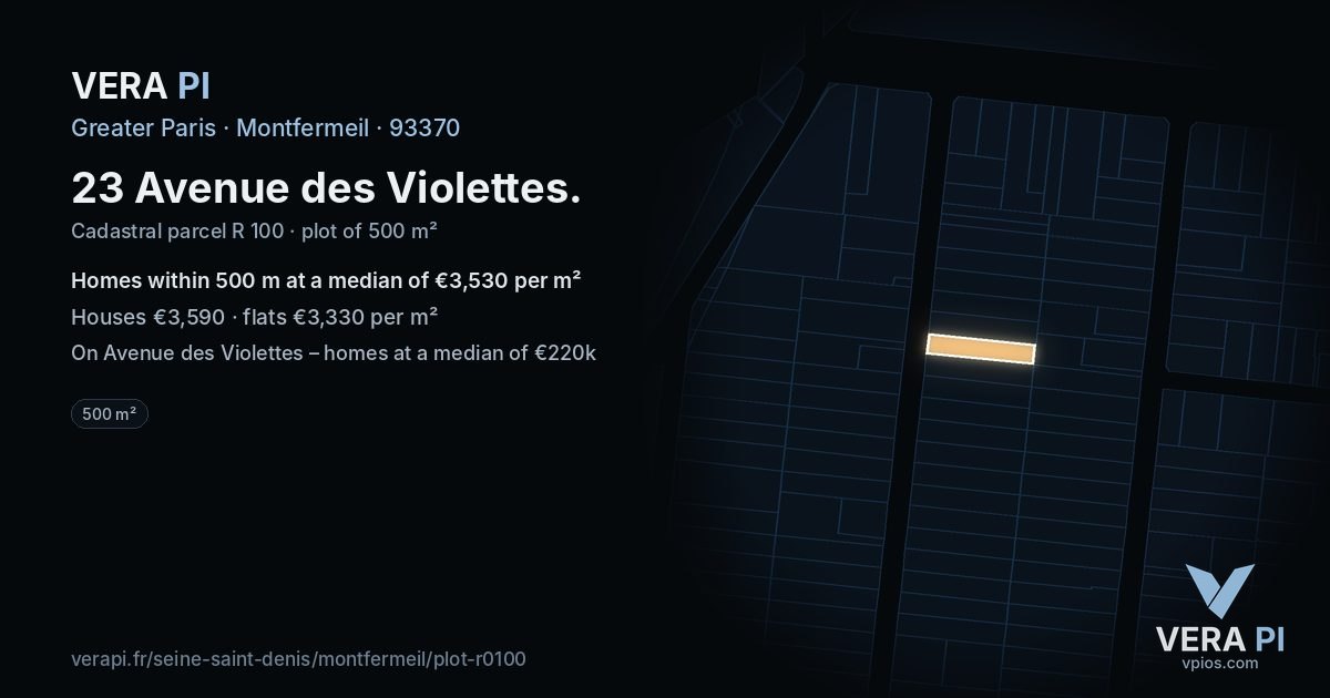 23 Avenue des Violettes, Montfermeil at night – the plot lit, the parcels around coloured by the prices near them