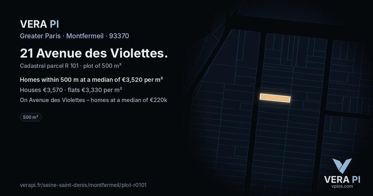 21 Avenue des Violettes, Montfermeil at night – the plot lit, the parcels around coloured by the prices near them
