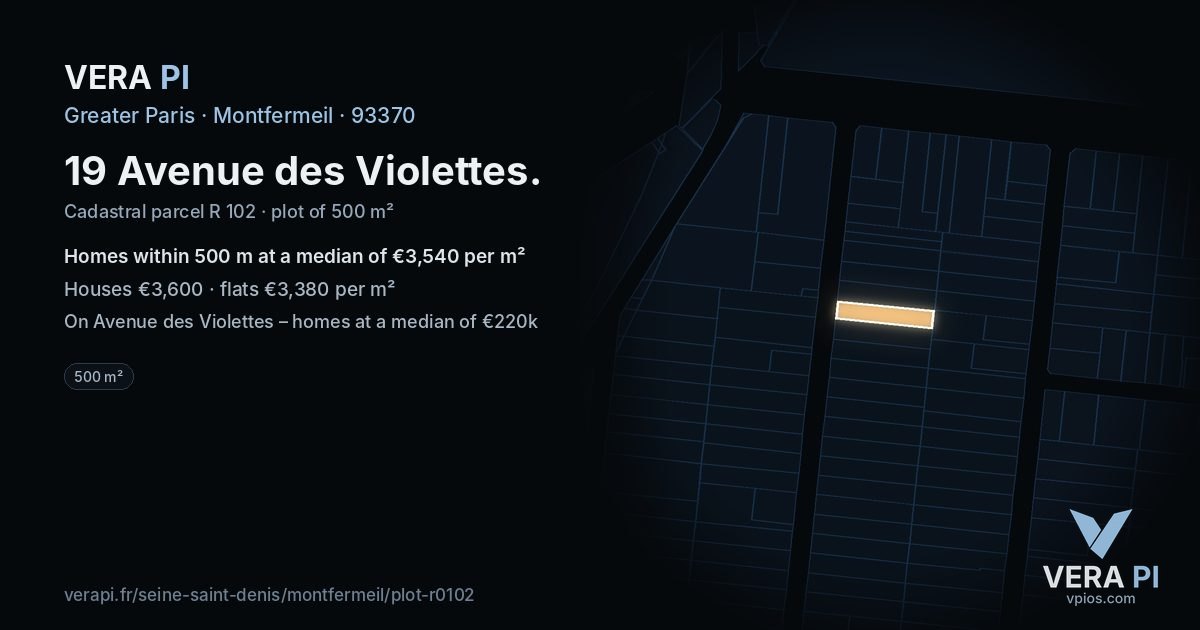 19 Avenue des Violettes, Montfermeil at night – the plot lit, the parcels around coloured by the prices near them