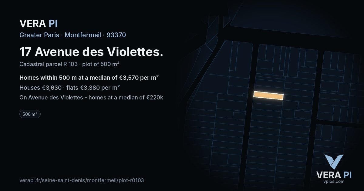 17 Avenue des Violettes, Montfermeil at night – the plot lit, the parcels around coloured by the prices near them
