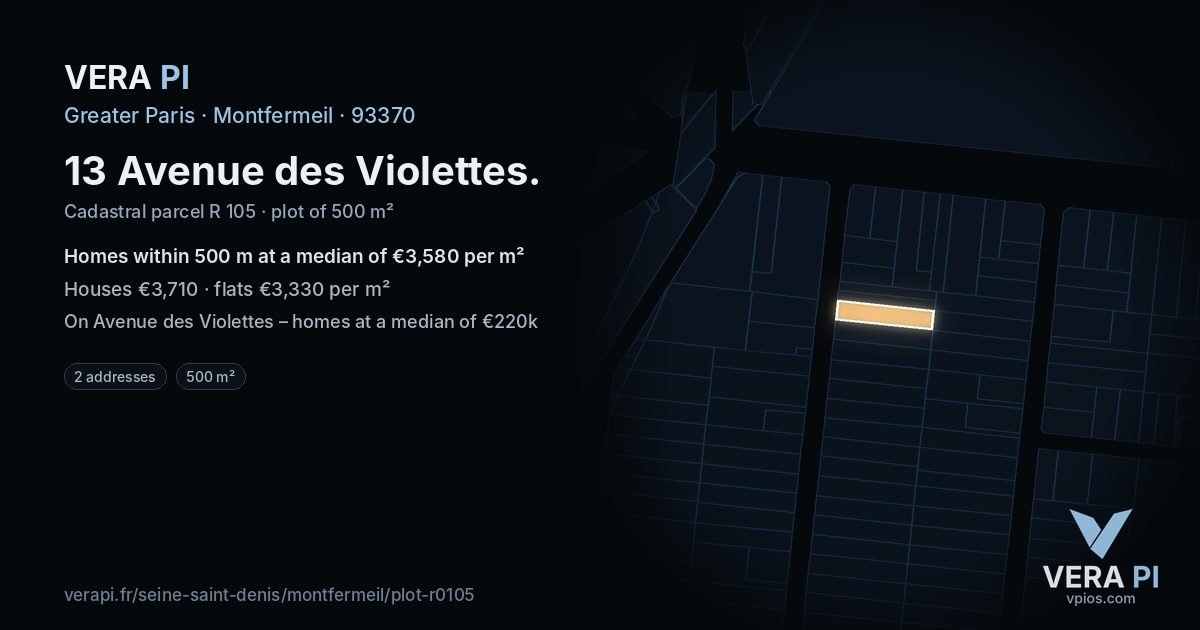 13 Avenue des Violettes, Montfermeil at night – the plot lit, the parcels around coloured by the prices near them