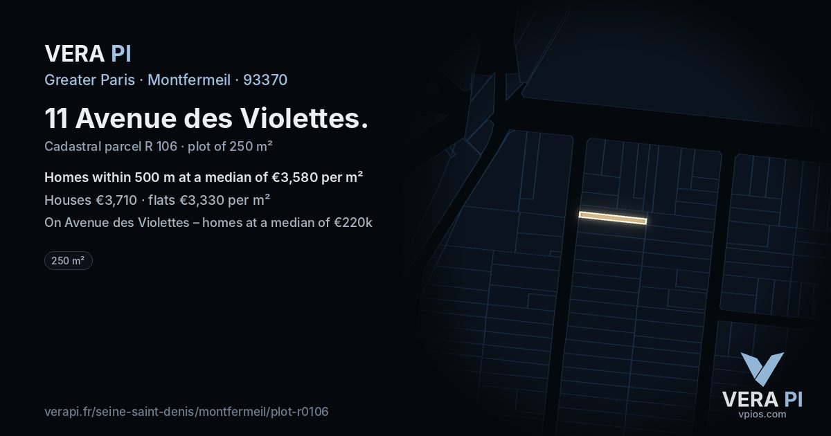 11 Avenue des Violettes, Montfermeil at night – the plot lit, the parcels around coloured by the prices near them