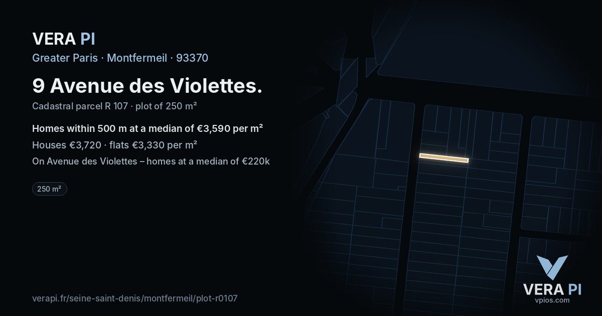 9 Avenue des Violettes, Montfermeil at night – the plot lit, the parcels around coloured by the prices near them