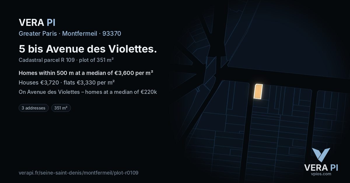 5 bis Avenue des Violettes, Montfermeil at night – the plot lit, the parcels around coloured by the prices near them