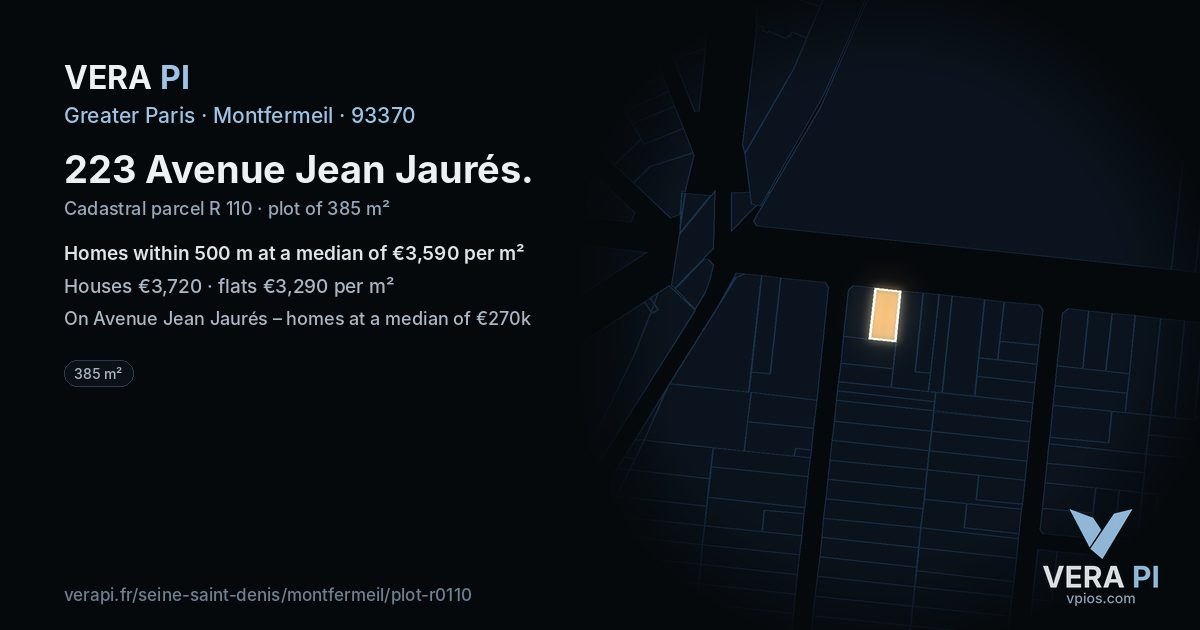 223 Avenue Jean Jaurés, Montfermeil at night – the plot lit, the parcels around coloured by the prices near them