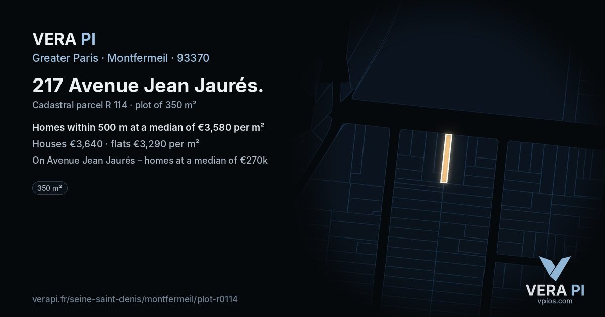 217 Avenue Jean Jaurés, Montfermeil at night – the plot lit, the parcels around coloured by the prices near them