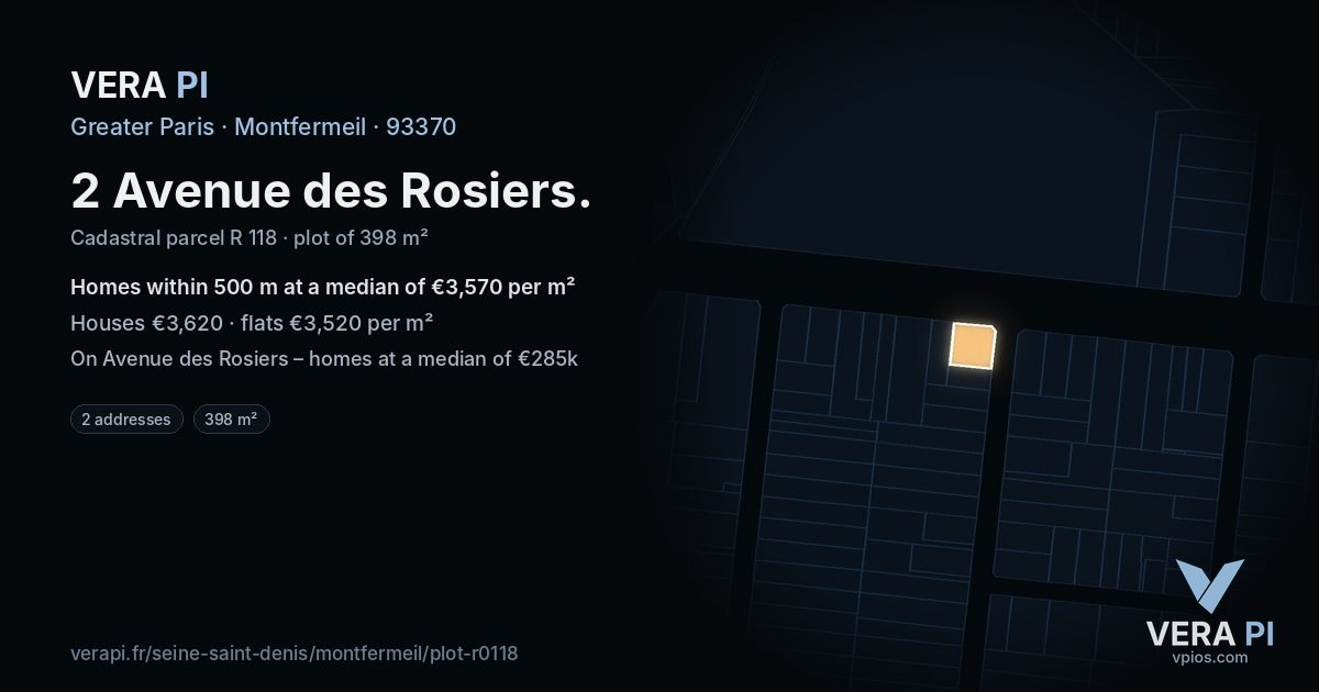 2 Avenue des Rosiers, Montfermeil at night – the plot lit, the parcels around coloured by the prices near them