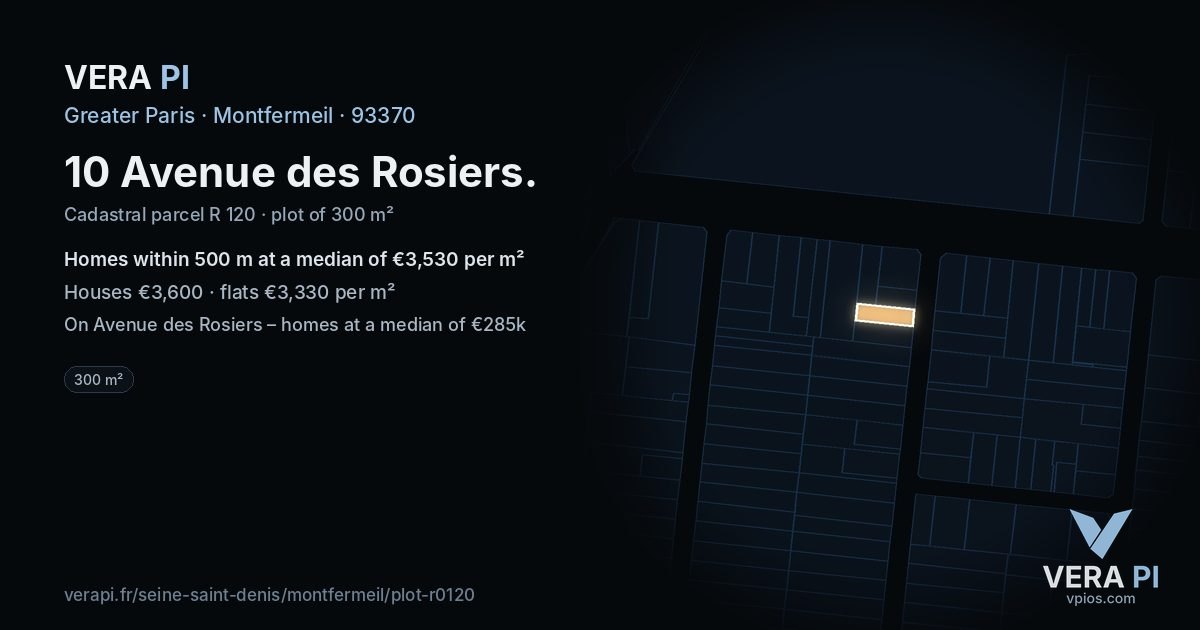 10 Avenue des Rosiers, Montfermeil at night – the plot lit, the parcels around coloured by the prices near them