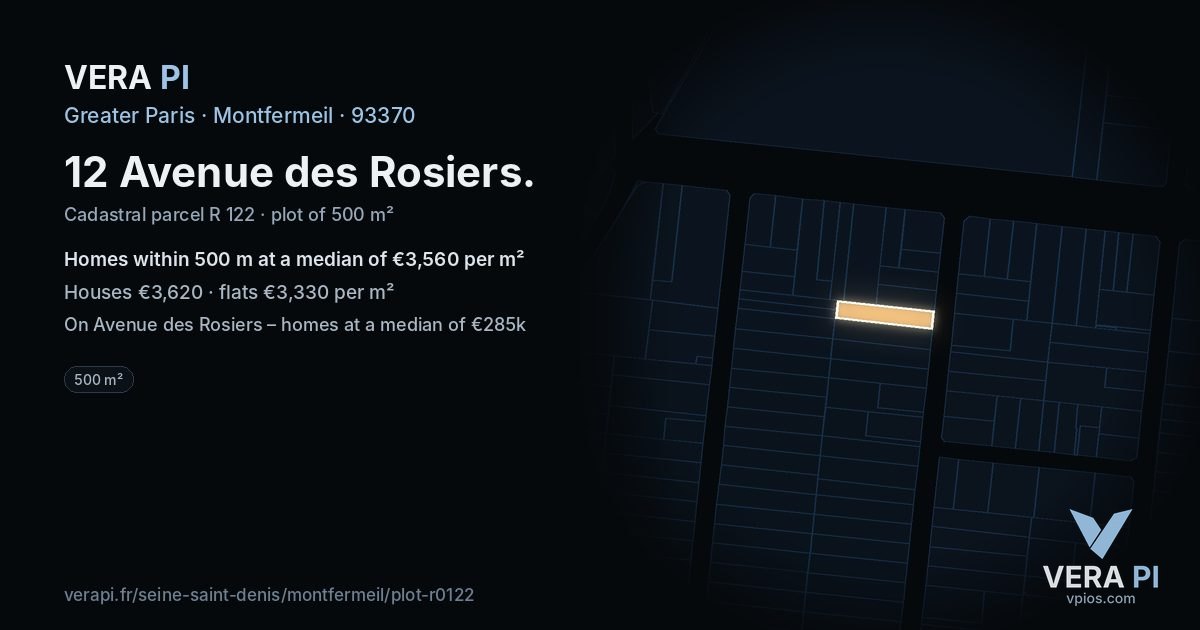 12 Avenue des Rosiers, Montfermeil at night – the plot lit, the parcels around coloured by the prices near them
