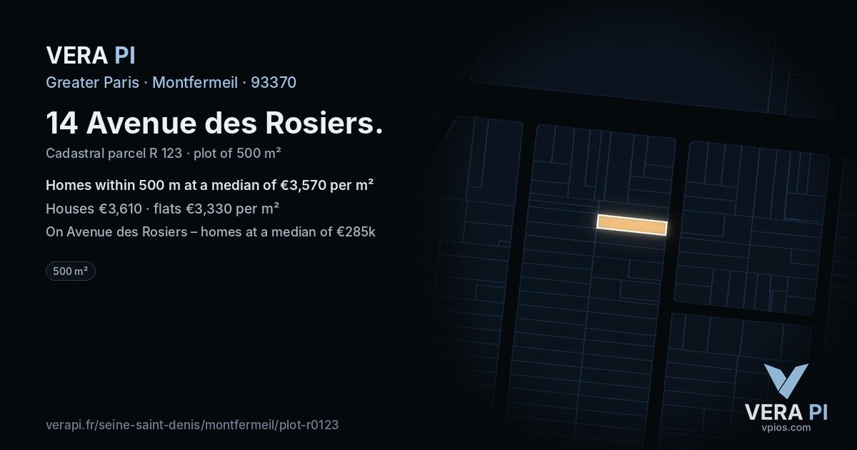 14 Avenue des Rosiers, Montfermeil at night – the plot lit, the parcels around coloured by the prices near them