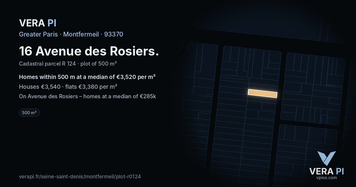 16 Avenue des Rosiers, Montfermeil at night – the plot lit, the parcels around coloured by the prices near them