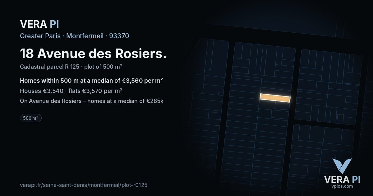 18 Avenue des Rosiers, Montfermeil at night – the plot lit, the parcels around coloured by the prices near them