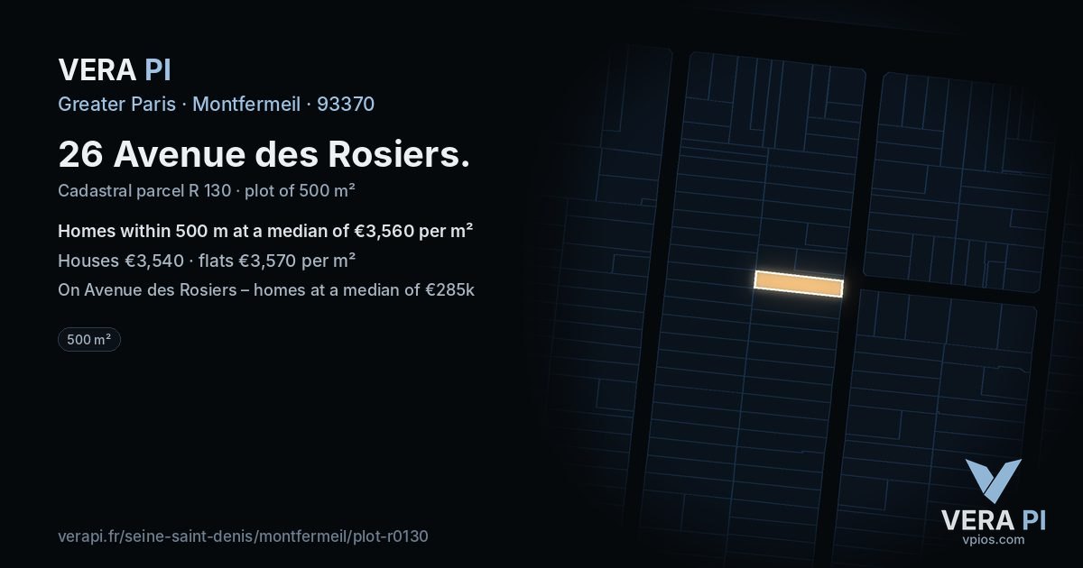 26 Avenue des Rosiers, Montfermeil at night – the plot lit, the parcels around coloured by the prices near them