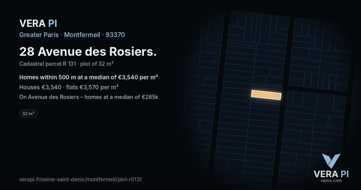 28 Avenue des Rosiers, Montfermeil at night – the plot lit, the parcels around coloured by the prices near them