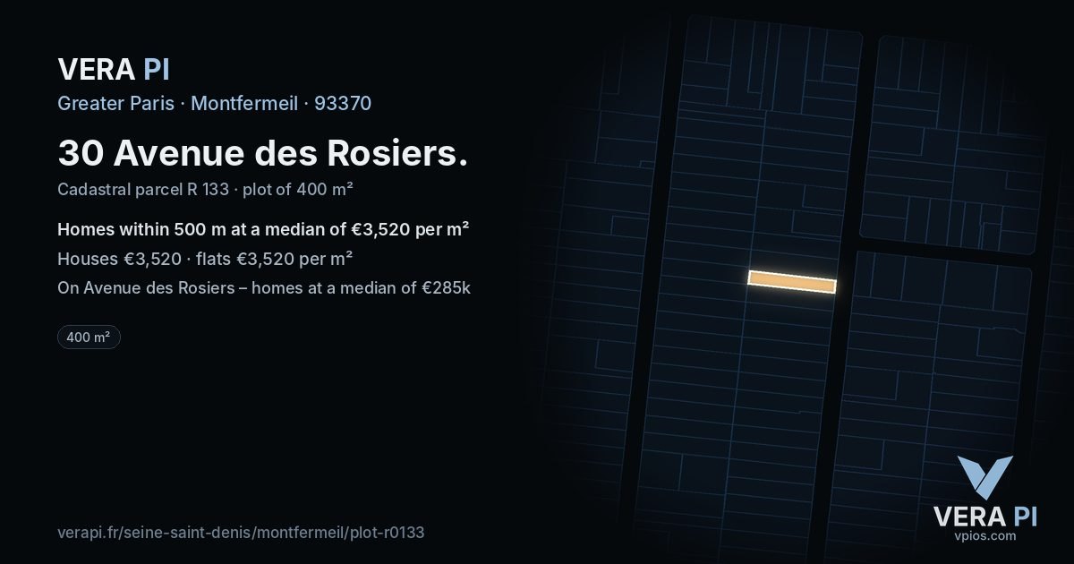 30 Avenue des Rosiers, Montfermeil at night – the plot lit, the parcels around coloured by the prices near them