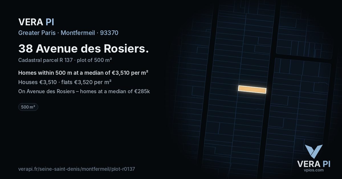 38 Avenue des Rosiers, Montfermeil at night – the plot lit, the parcels around coloured by the prices near them