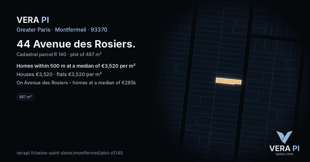 44 Avenue des Rosiers, Montfermeil at night – the plot lit, the parcels around coloured by the prices near them