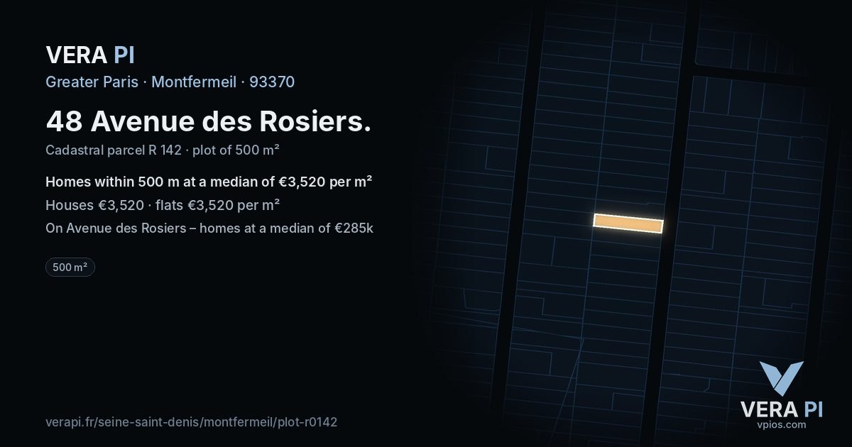 48 Avenue des Rosiers, Montfermeil at night – the plot lit, the parcels around coloured by the prices near them