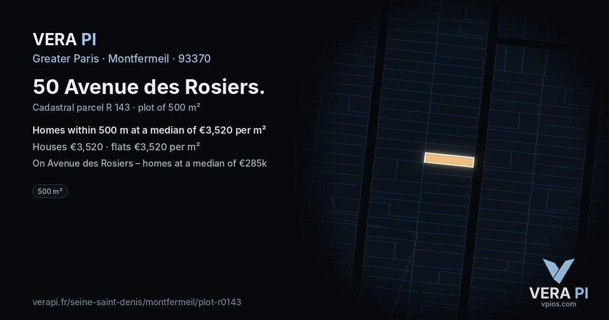 50 Avenue des Rosiers, Montfermeil at night – the plot lit, the parcels around coloured by the prices near them