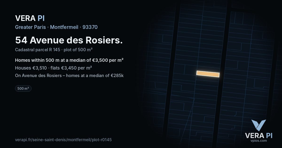54 Avenue des Rosiers, Montfermeil at night – the plot lit, the parcels around coloured by the prices near them
