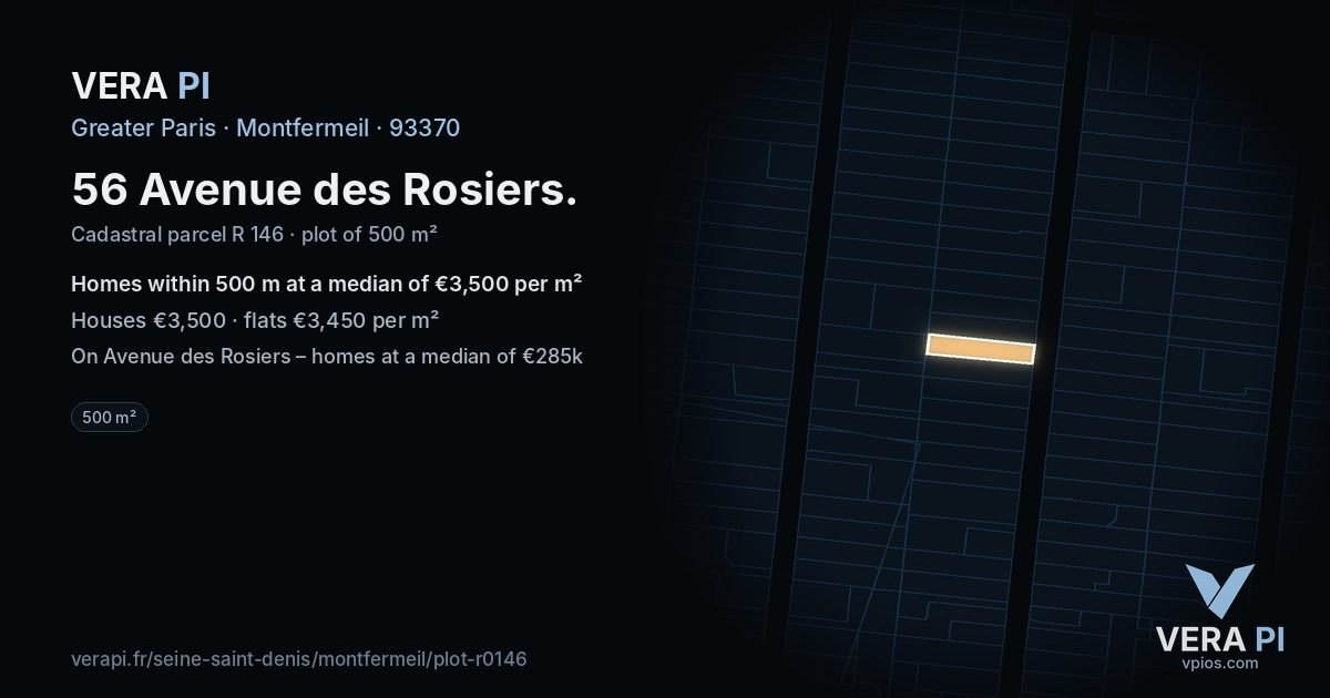 56 Avenue des Rosiers, Montfermeil at night – the plot lit, the parcels around coloured by the prices near them