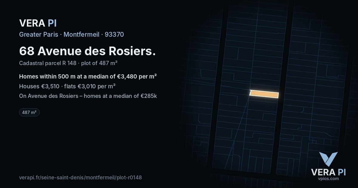 68 Avenue des Rosiers, Montfermeil at night – the plot lit, the parcels around coloured by the prices near them