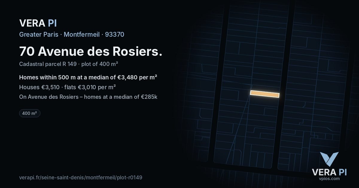 70 Avenue des Rosiers, Montfermeil at night – the plot lit, the parcels around coloured by the prices near them