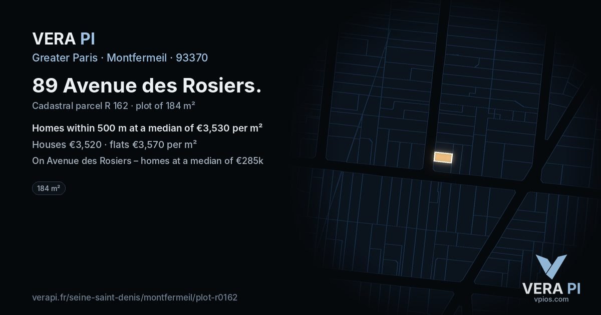 89 Avenue des Rosiers, Montfermeil at night – the plot lit, the parcels around coloured by the prices near them