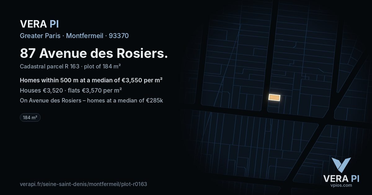 87 Avenue des Rosiers, Montfermeil at night – the plot lit, the parcels around coloured by the prices near them