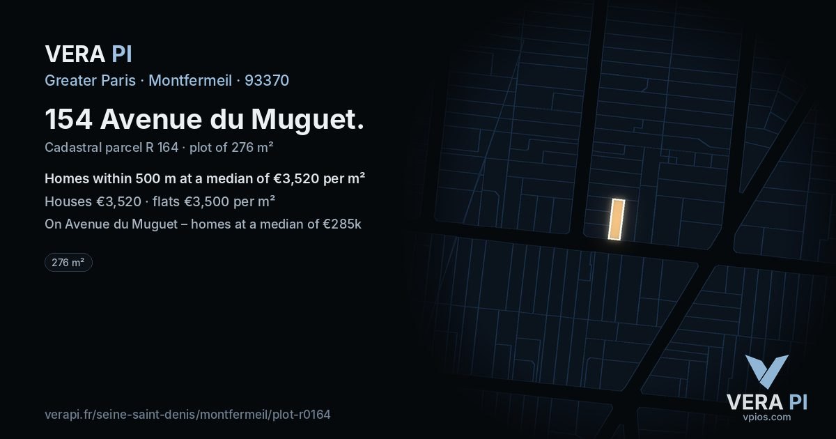 154 Avenue du Muguet, Montfermeil at night – the plot lit, the parcels around coloured by the prices near them