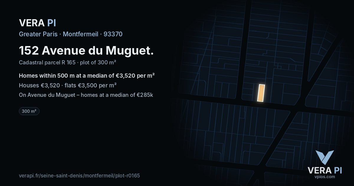 152 Avenue du Muguet, Montfermeil at night – the plot lit, the parcels around coloured by the prices near them