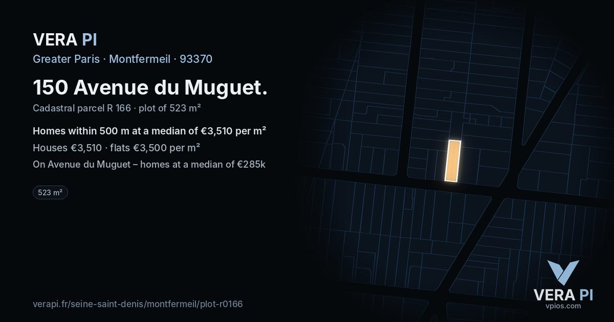 150 Avenue du Muguet, Montfermeil at night – the plot lit, the parcels around coloured by the prices near them