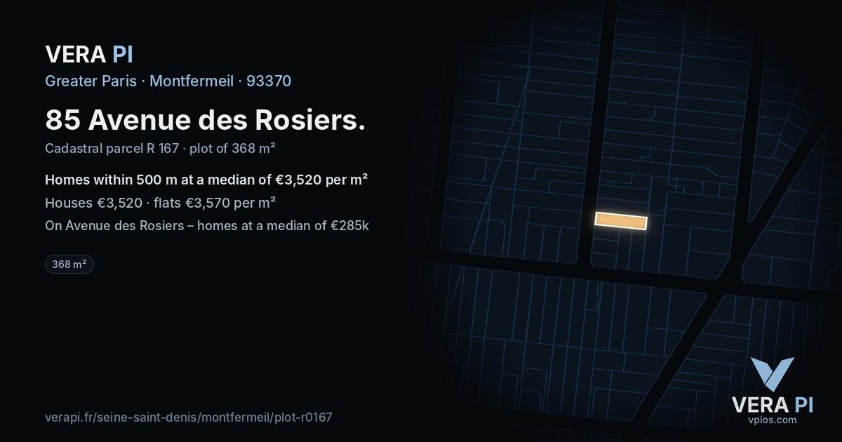 85 Avenue des Rosiers, Montfermeil at night – the plot lit, the parcels around coloured by the prices near them