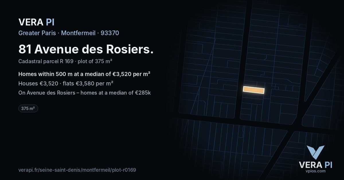 81 Avenue des Rosiers, Montfermeil at night – the plot lit, the parcels around coloured by the prices near them