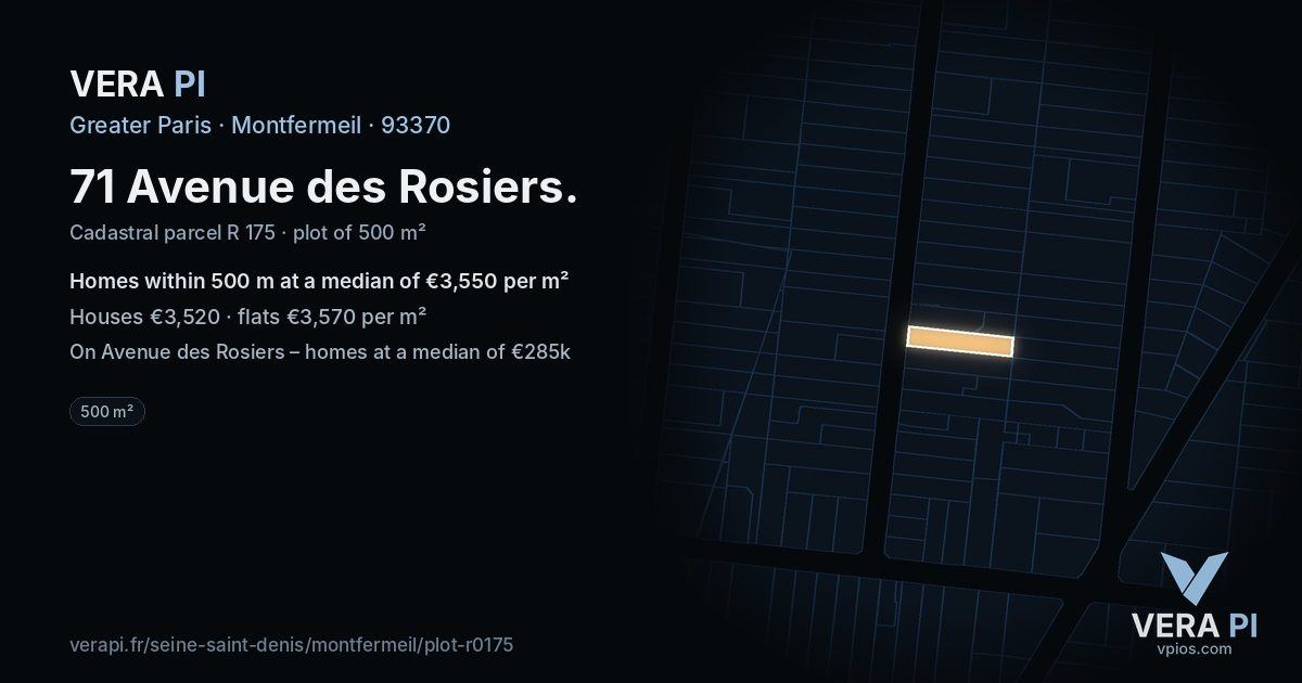 71 Avenue des Rosiers, Montfermeil at night – the plot lit, the parcels around coloured by the prices near them