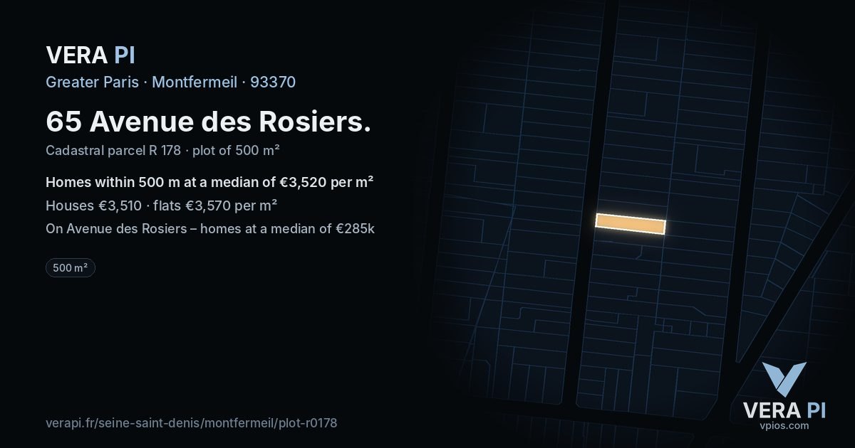 65 Avenue des Rosiers, Montfermeil at night – the plot lit, the parcels around coloured by the prices near them