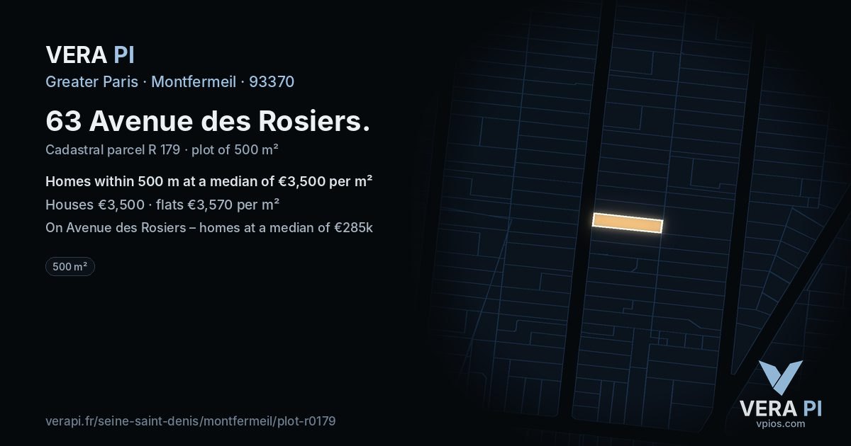 63 Avenue des Rosiers, Montfermeil at night – the plot lit, the parcels around coloured by the prices near them