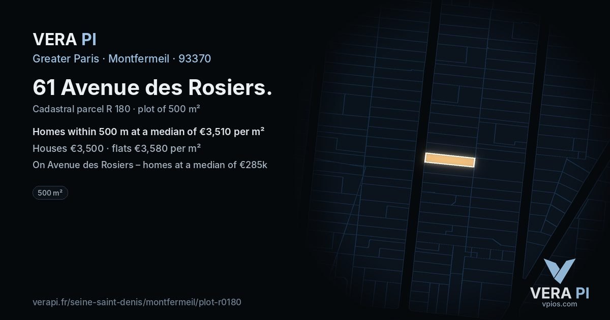 61 Avenue des Rosiers, Montfermeil at night – the plot lit, the parcels around coloured by the prices near them