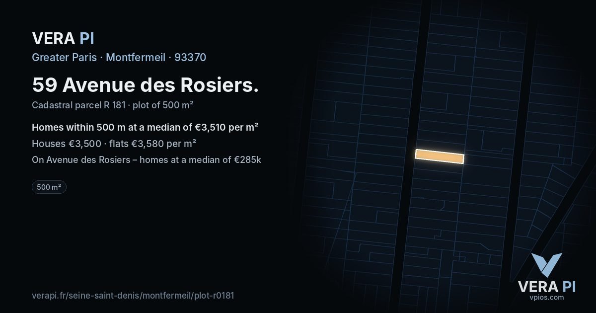 59 Avenue des Rosiers, Montfermeil at night – the plot lit, the parcels around coloured by the prices near them
