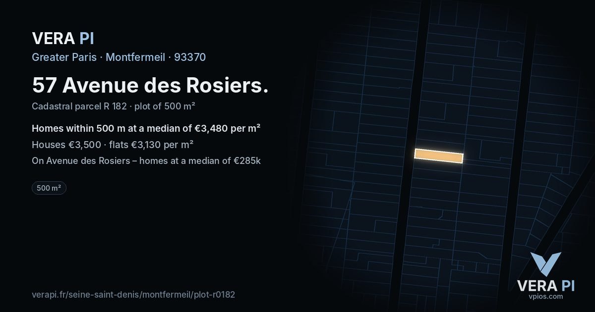 57 Avenue des Rosiers, Montfermeil at night – the plot lit, the parcels around coloured by the prices near them